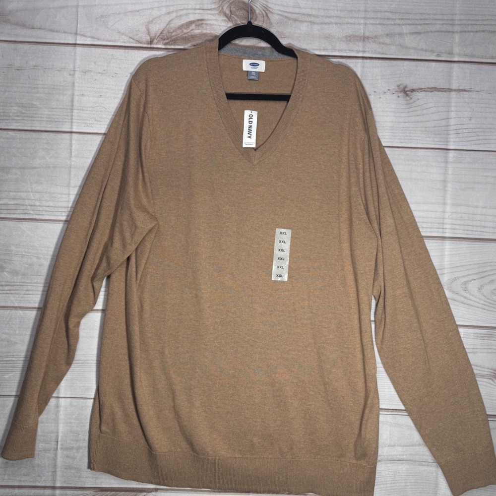 NWT Old Navy Mens XXL V-Neck Sweater Tan Camel Brown Cotton Blend